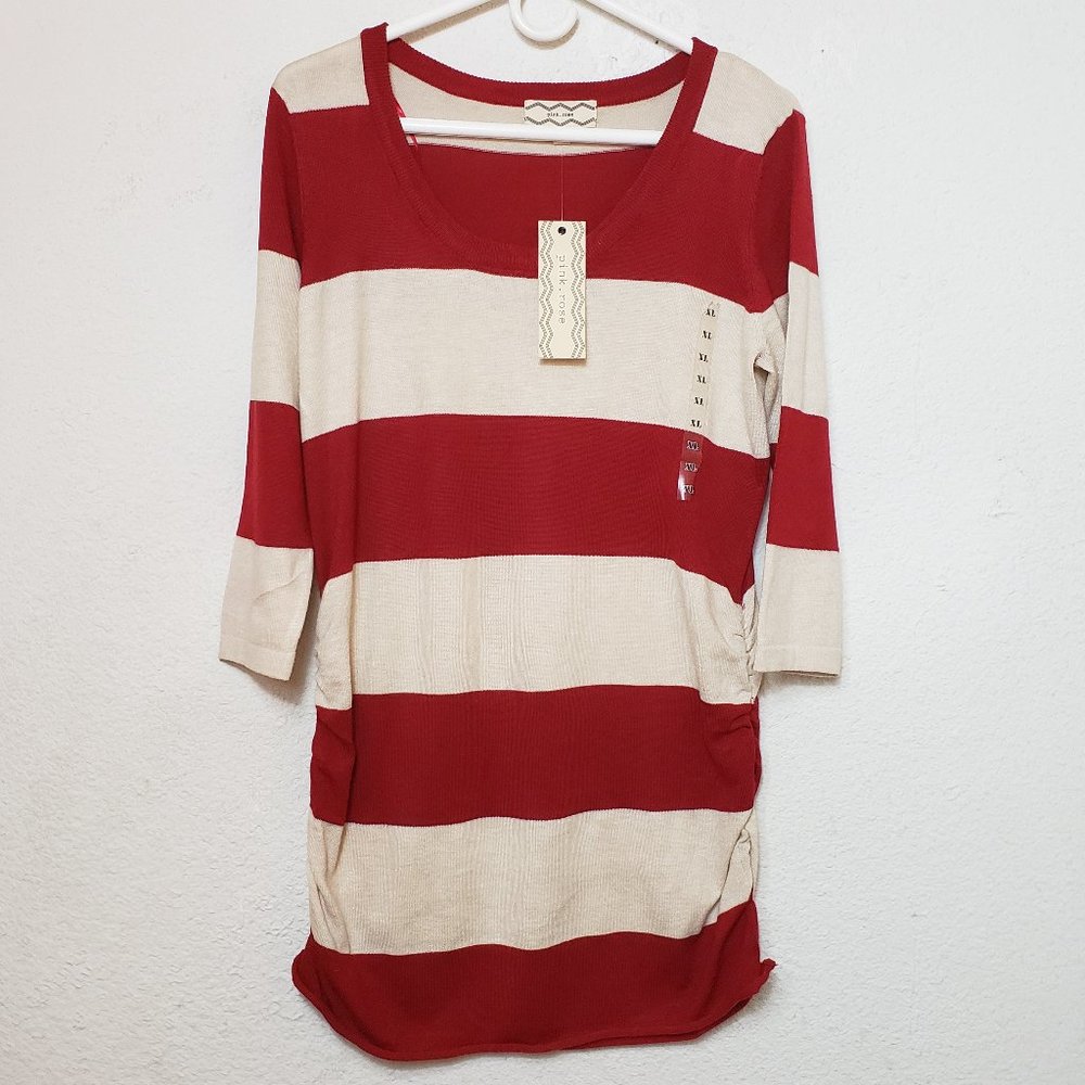 NWT Pink Rose Womens Striped Red Beige Pullover Sweater Size XL Scoop Neckline